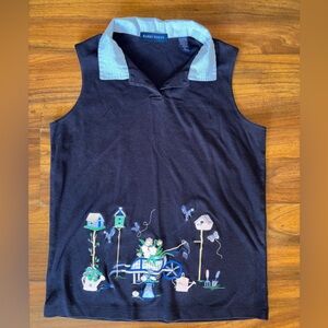 Karen Scott Navy Sleeveless Polo Top with Garden Embroidery